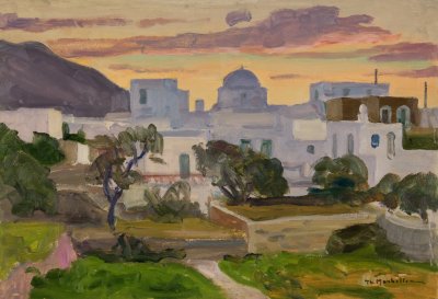 Sifnos Landscape, Sunset — Oil painting, Fiberboard, 38.00×55.00cm — Theodoros Markellos